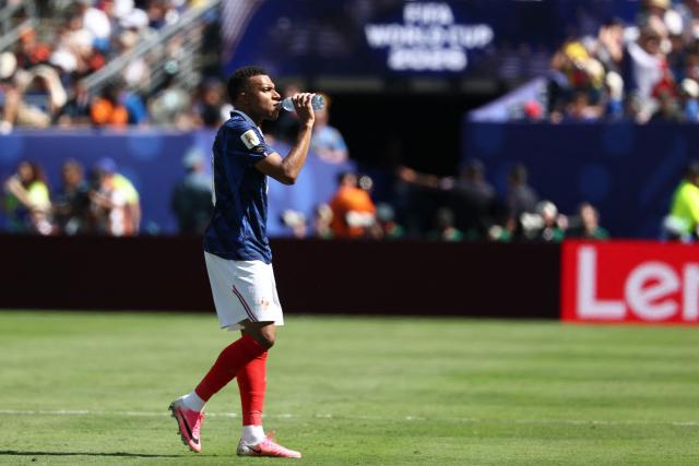 France's forward #10 Kylian Mbappe drinks water during the 2026 World Cup Group I football match between France and Senegal at the New York/New Jersey Stadium in East Rutherford on June 16, 2026.  (Photo by FRANCK FIFE / AFP)