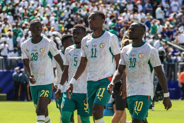 Senegal players leave the field at half time during the 2026 World Cup Group I football match between France and Senegal at the New York/New Jersey Stadium in East Rutherford on June 16, 2026.  (Photo by TIMOTHY A. CLARY / AFP)