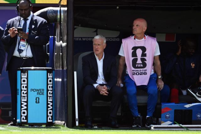 France's head coach Didier Deschamps (L) and his assistant Guy Stephan watch during the 2026 World Cup Group I football match between France and Senegal at the New York/New Jersey Stadium in East Rutherford on June 16, 2026.  (Photo by Jewel SAMAD / AFP)