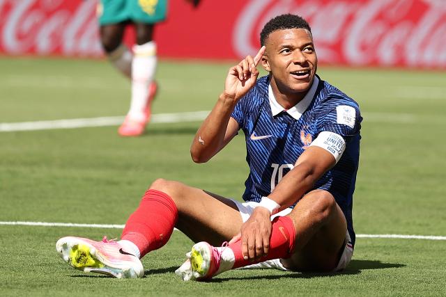 France's forward #10 Kylian Mbappe reacts during the 2026 World Cup Group I football match between France and Senegal at the New York/New Jersey Stadium in East Rutherford on June 16, 2026.  (Photo by CHARLY TRIBALLEAU / AFP)