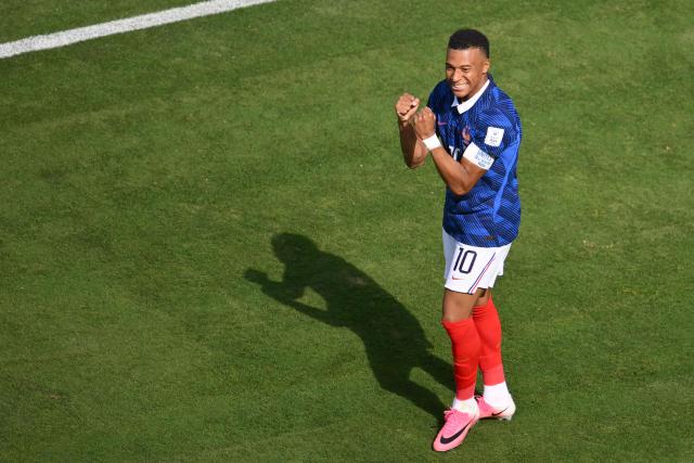 France's forward #10 Kylian Mbappe celebrates scoring his team's first goal during the 2026 World Cup Group I football match between France and Senegal at the New York/New Jersey Stadium in East Rutherford on June 16, 2026. (Photo by Angela WEISS / AFP)