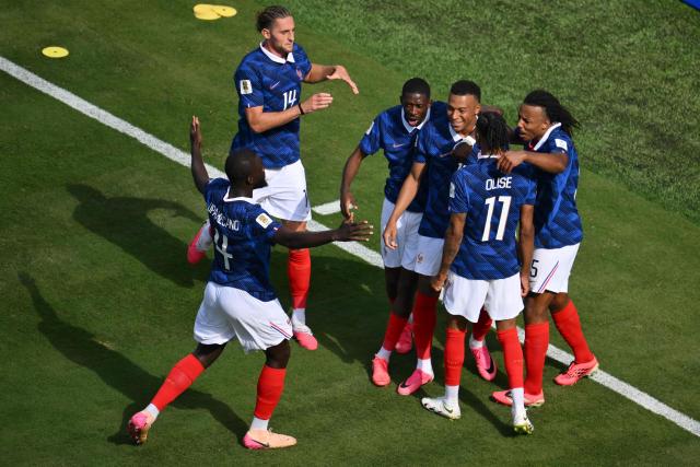France's forward #10 Kylian Mbappe (3nd R) celebrates scoring his team's first goal with teammates during the 2026 World Cup Group I football match between France and Senegal at the New York/New Jersey Stadium in East Rutherford on June 16, 2026. (Photo by Angela WEISS / AFP)
