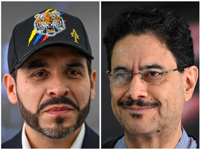 (COMBO) This combination of file pictures created on June 16, 2026, shows Colombia's presidential candidate Abelardo de la Espriella (L), of the Defensores de la Patria political movement, listening during an interview with AFP in Bogota on February 11, 2026, and Colombia's presidential candidate Ivan Cepeda, for the Pacto Historico party, smiling during a press conference in Bogota, on June 1, 2026, the day after the presidential election. Colombians face two starkly different economic models against a backdrop of messy government finances. Rightwing candidate Abelardo de la Espriella wants a leaner state with pro-business policy while leftist Ivan Cepeda is pushing for greater government spending on social programs in the runup to the June 21 election. (Photo by Luis ACOSTA / AFP)