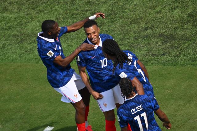 France's forward #10 Kylian Mbappe (2nd L) celebrates scoring his team's first goal during the 2026 World Cup Group I football match between France and Senegal at the New York/New Jersey Stadium in East Rutherford on June 16, 2026. (Photo by Angela WEISS / AFP)