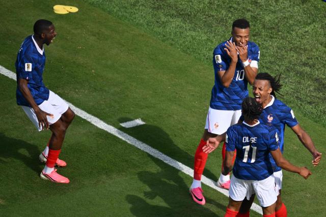 France's forward #10 Kylian Mbappe (C) celebrates scoring his team's first goal during the 2026 World Cup Group I football match between France and Senegal at the New York/New Jersey Stadium in East Rutherford on June 16, 2026. (Photo by Angela WEISS / AFP)