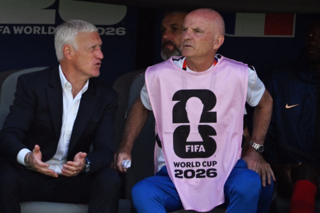 France's head coach Didier Deschamps (L) and his assistant Guy Stephan watch during the 2026 World Cup Group I football match between France and Senegal at the New York/New Jersey Stadium in East Rutherford on June 16, 2026.  (Photo by Jewel SAMAD / AFP)