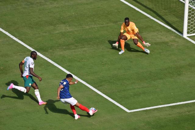 France's forward #10 Kylian Mbappe scores his team's first goal during the 2026 World Cup Group I football match between France and Senegal at the New York/New Jersey Stadium in East Rutherford on June 16, 2026. (Photo by Angela WEISS / AFP)