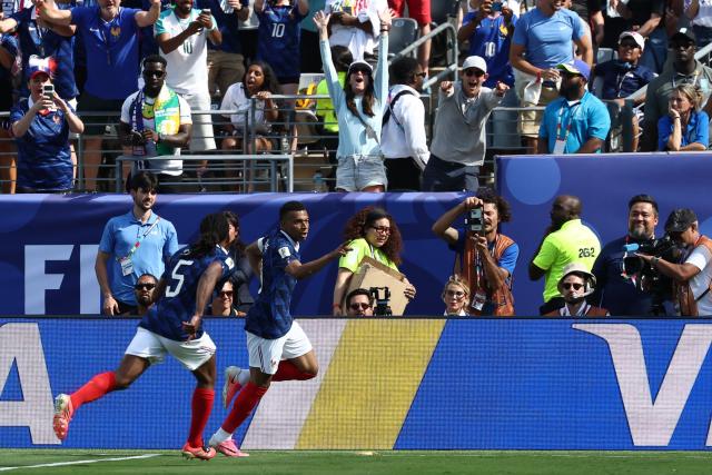 France's forward #10 Kylian Mbappe celebrates after scoring his team's first goal during the 2026 World Cup Group I football match between France and Senegal at the New York/New Jersey Stadium in East Rutherford on June 16, 2026.  (Photo by FRANCK FIFE / AFP)