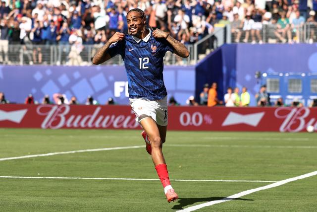 France's forward #12 Bradley Barcola celebrates after scoring his team's second goal during the 2026 World Cup Group I football match between France and Senegal at the New York/New Jersey Stadium in East Rutherford on June 16, 2026.  (Photo by CHARLY TRIBALLEAU / AFP)