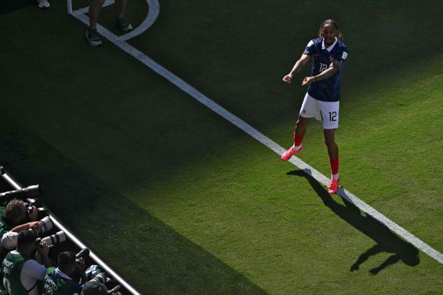 France's forward #12 Bradley Barcola celebrates scoring his team's second goal during the 2026 World Cup Group I football match between France and Senegal at the New York/New Jersey Stadium in East Rutherford on June 16, 2026. (Photo by Mauro PIMENTEL / AFP)
