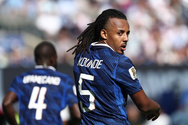 France's defender #05 Jules Kounde reacts during the 2026 World Cup Group I football match between France and Senegal at the New York/New Jersey Stadium in East Rutherford on June 16, 2026.  (Photo by FRANCK FIFE / AFP)
