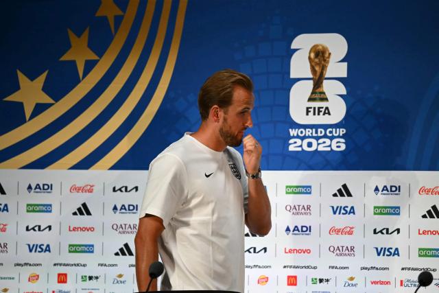 England's forward #09 Harry Kane arrives to give an MD-1 press conference at the Dallas Stadium in Arlington on June 16, 2026, on the eve of the 2026 World Cup Group L football match between England and Croatia. (Photo by Paul ELLIS / AFP)