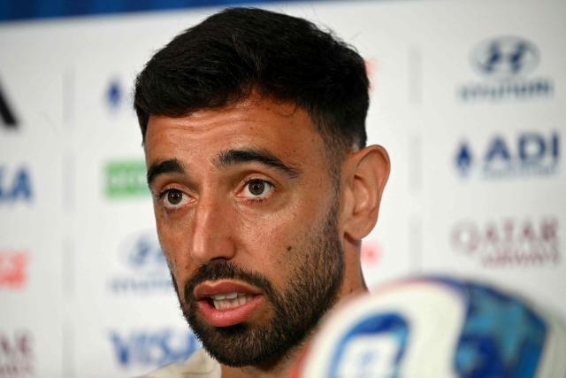 Portugal's midfielder #08 Bruno Fernandes gives an MD-1 press conference at the Houston Stadium in Houston on June 16, 2026, on the eve of the 2026 World Cup Group K football match between Portugal and Congo DR. (Photo by RONALDO SCHEMIDT / AFP)