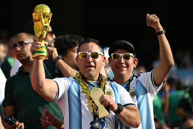 Argentina's fans gesture ahead of the 2026 World Cup Group J football match between Argentina and Algeria at the Kansas City Stadium in Kansas City on June 16, 2026.  (Photo by ROBERTO SCHMIDT / AFP)