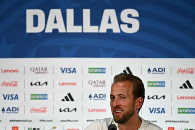 England's forward #09 Harry Kane gives an MD-1 press conference nat the Dallas Stadium in Arlington on June 16, 2026, on the eve of the 2026 World Cup Group L football match between England and Croatia. (Photo by Paul ELLIS / AFP)
