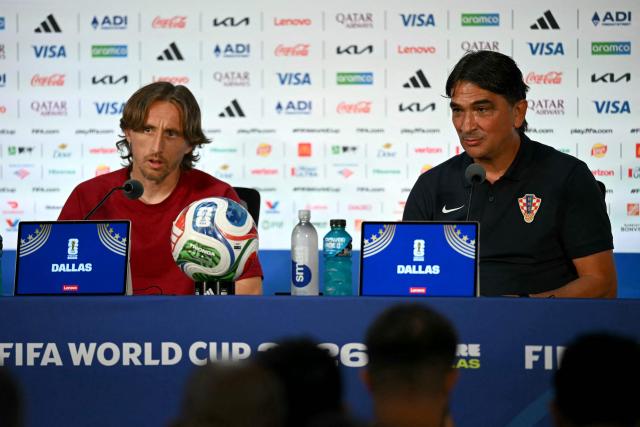 Croatia's Croatia's midfielder #10 Luka Modric (L) and head coach Zlatko Dalic (R) give a press conference at the Dallas Stadium in Arlington on June 16, 2026, on the eve of the 2026 World Cup Group L football match between England and Croatia. (Photo by Paul ELLIS / AFP)