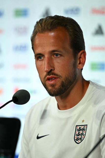 England's forward #09 Harry Kane gives an MD-1 press conference nat the Dallas Stadium in Arlington on June 16, 2026, on the eve of the 2026 World Cup Group L football match between England and Croatia. (Photo by Paul ELLIS / AFP)