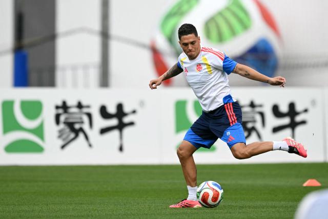 Colombia's midfielder #20 Juan Quintero takes part in an MD-1 training session at Club America's training center in Mexico City on June 16, 2026, on the eve of the 2026 World Cup Group K football match between Uzbekistan and Colombia. (Photo by Yuri CORTEZ / AFP)