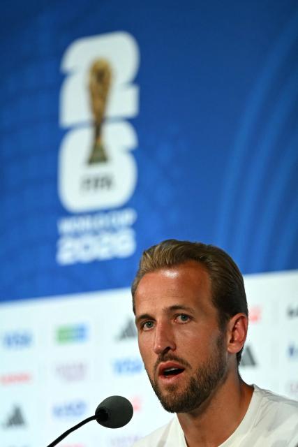 England's forward #09 Harry Kane gives an MD-1 press conference nat the Dallas Stadium in Arlington on June 16, 2026, on the eve of the 2026 World Cup Group L football match between England and Croatia. (Photo by Paul ELLIS / AFP)