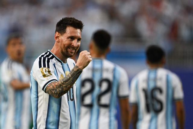 Argentina's forward #10 Lionel Messi celebrates scoring his team's first goal during the 2026 World Cup Group J football match between Argentina and Algeria at the Kansas City Stadium in Kansas City on June 16, 2026.  (Photo by Roberto SCHMIDT / AFP)