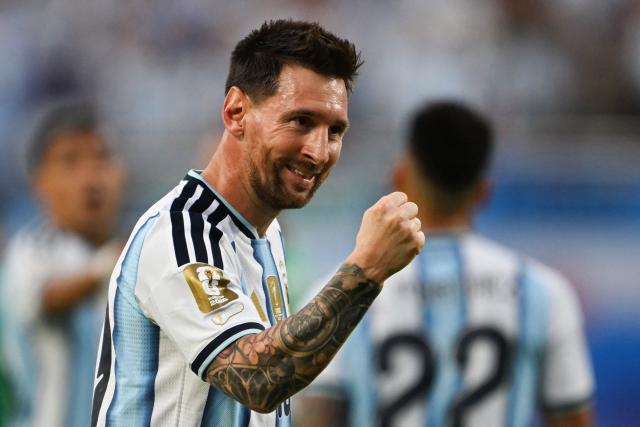 Argentina's forward #10 Lionel Messi celebrates scoring his team's first goal during the 2026 World Cup Group J football match between Argentina and Algeria at the Kansas City Stadium in Kansas City on June 16, 2026.  (Photo by Roberto SCHMIDT / AFP)