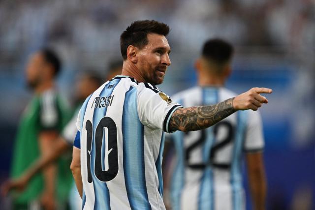 Argentina's forward #10 Lionel Messi celebrates scoring his team's first goal during the 2026 World Cup Group J football match between Argentina and Algeria at the Kansas City Stadium in Kansas City on June 16, 2026.  (Photo by Roberto SCHMIDT / AFP)