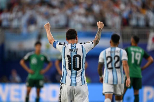 Argentina's forward #10 Lionel Messi celebrates scoring his team's first goal during the 2026 World Cup Group J football match between Argentina and Algeria at the Kansas City Stadium in Kansas City on June 16, 2026.  (Photo by Roberto SCHMIDT / AFP)