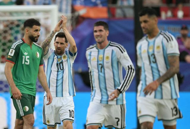 Argentina's forward #10 Lionel Messi celebrates scoring his team's first goal during the 2026 World Cup Group J football match between Argentina and Algeria at the Kansas City Stadium in Kansas City on June 16, 2026.  (Photo by JUAN MABROMATA / AFP)