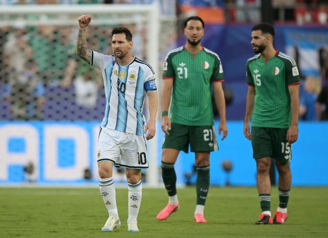 Argentina's forward #10 Lionel Messi celebrates scoring his team's first goal during the 2026 World Cup Group J football match between Argentina and Algeria at the Kansas City Stadium in Kansas City on June 16, 2026.  (Photo by JUAN MABROMATA / AFP)