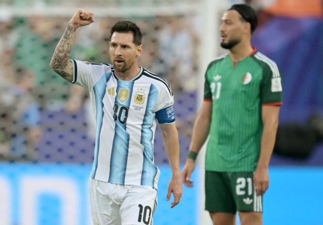 Argentina's forward #10 Lionel Messi celebrates scoring his team's first goal during the 2026 World Cup Group J football match between Argentina and Algeria at the Kansas City Stadium in Kansas City on June 16, 2026.  (Photo by JUAN MABROMATA / AFP)