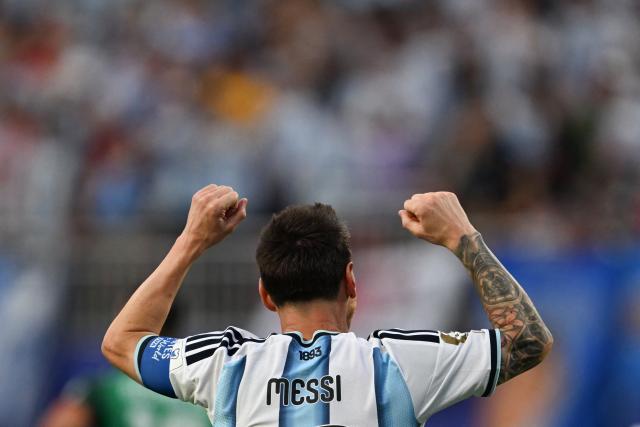 Argentina's forward #10 Lionel Messi celebrates scoring his team's first goal during the 2026 World Cup Group J football match between Argentina and Algeria at the Kansas City Stadium in Kansas City on June 16, 2026.  (Photo by Roberto SCHMIDT / AFP)