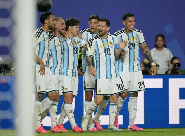 Argentina's forward #10 Lionel Messi celebrates with teammates scoring his team's second goal during the 2026 World Cup Group J football match between Argentina and Algeria at the Kansas City Stadium in Kansas City on June 16, 2026.  (Photo by JUAN MABROMATA / AFP)