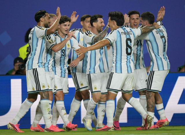 Argentina's forward #10 Lionel Messi celebrates with teammates scoring his team's second goal during the 2026 World Cup Group J football match between Argentina and Algeria at the Kansas City Stadium in Kansas City on June 16, 2026.  (Photo by JUAN MABROMATA / AFP)