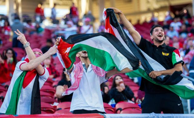 Jordan's fans cheer before the start of the 2026 World Cup football tournament match between Austria and Jordan at the San Francisco Bay Area Stadium in Santa Clara, California, on June 16, 2026. (Photo by GEORG HOCHMUTH / APA / AFP) / Austria OUT