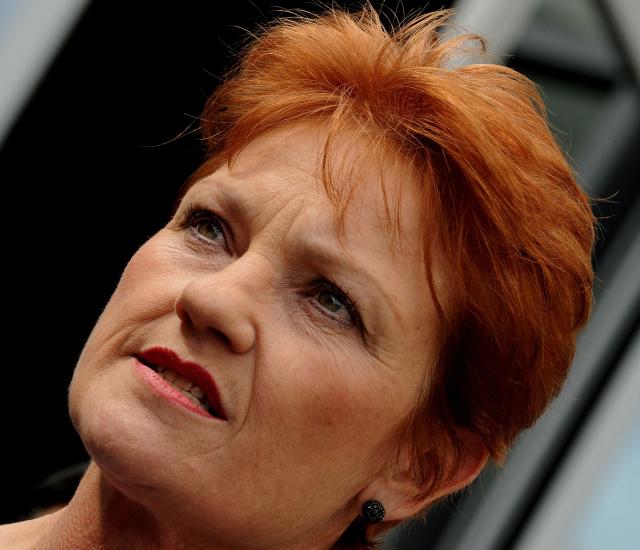 (FILES) Controversial former Australian politician Pauline Hanson speaks to the media in Sydney after narrowly failing in her bid to win a seat in the New South Wales parliament on April 12, 2011. The leader of Australia's ascendant far-right party assailed "radical Islam" and the media on June 17, 2026, and vowed to pull the country out of international organisations in an address briefly interrupted by the unfurling of a protest banner. (Photo by TORSTEN BLACKWOOD and GREG WOOD / AFP)