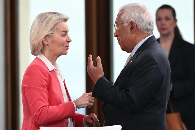 European Commission President Ursula von der Leyen (L) speaks with European Council President Antonio Costa ahead of a morning work meeting to “revive balanced, inclusive, and sustainable economic growth for the benefit of all” in the presence of the G7 countries, partner countries, the International Monetary Fund, and the OECD, as part of the G7 summit, in Evian, eastern France, on June 17, 2026. G7 leaders will discuss on June 17, 2026, the security risks posed by AI and social media on the last day of a summit dominated by US the President, before host French President  dines with his US counterpart at the Palace of Versailles. The three-day summit of the leaders of Canada, France, Germany, Italy, Japan,B ritain and the United States has focused intensely on the US' deal to end the war with Iran and efforts to pressure Russia into brokering peace with Ukraine. (Photo by Mandel NGAN / AFP)