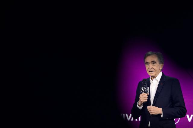 LVMH chairman and CEO Bernard Arnault delivers a speech during the opening ceremony at the VivaTech technology startups and innovation fair at the Paris Expo Porte de Versailles, in Paris on June 17, 2026. (Photo by JULIEN DE ROSA / AFP)