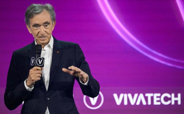 LVMH chairman and CEO Bernard Arnault delivers a speech during the opening ceremony at the VivaTech technology startups and innovation fair at the Paris Expo Porte de Versailles, in Paris on June 17, 2026. (Photo by JULIEN DE ROSA / AFP)