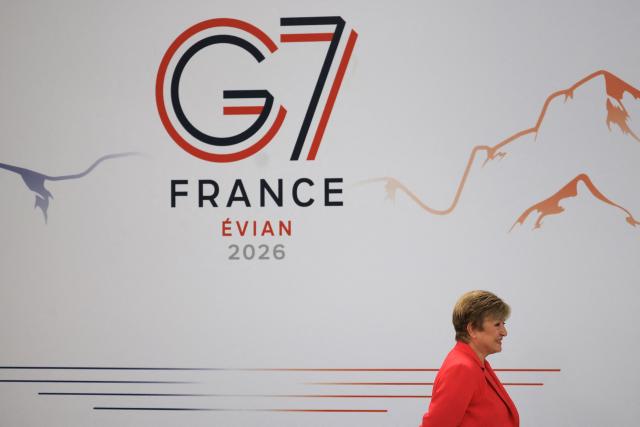 IMF Managing Director Kristalina Georgieva arrives to attend a morning work meeting to “revive balanced, inclusive, and sustainable economic growth for the benefit of all” in the presence of the G7 countries, partner countries, the International Monetary Fund, and the OECD, as part of the G7 summit, in Evian, eastern France, on June 17, 2026. G7 leaders will discuss on June 17, 2026, the security risks posed by AI and social media on the last day of a summit dominated by US the President, before host French President  dines with his US counterpart at the Palace of Versailles. The three-day summit of the leaders of Canada, France, Germany, Italy, Japan,B ritain and the United States has focused intensely on the US' deal to end the war with Iran and efforts to pressure Russia into brokering peace with Ukraine. (Photo by Ludovic MARIN / AFP)