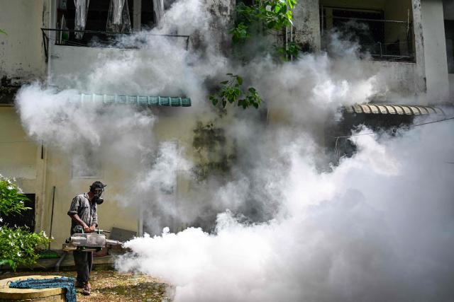 A municipal worker fumigates a residential area during a nationwide dengue prevention campaign in Colombo on June 17, 2026. (Photo by Ishara S. KODIKARA / AFP)