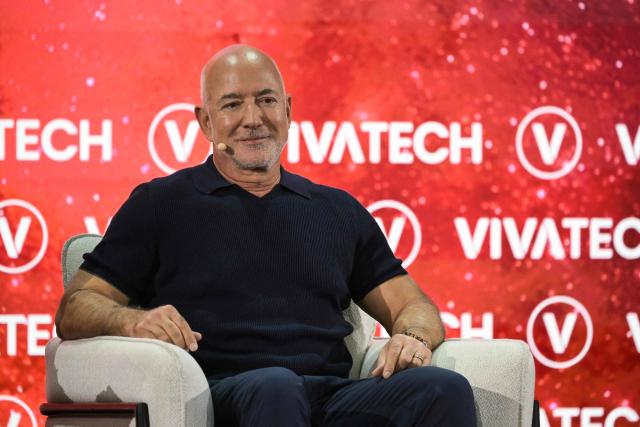 US Amazon's founder Jeff Bezos speaks on stage at the VivaTech technology startups and innovation fair at the Paris Expo Porte de Versailles, in Paris on June 17, 2026. (Photo by JULIEN DE ROSA / AFP)