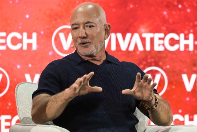 US Amazon's founder Jeff Bezos speaks on stage at the VivaTech technology startups and innovation fair at the Paris Expo Porte de Versailles, in Paris on June 17, 2026. (Photo by JULIEN DE ROSA / AFP)