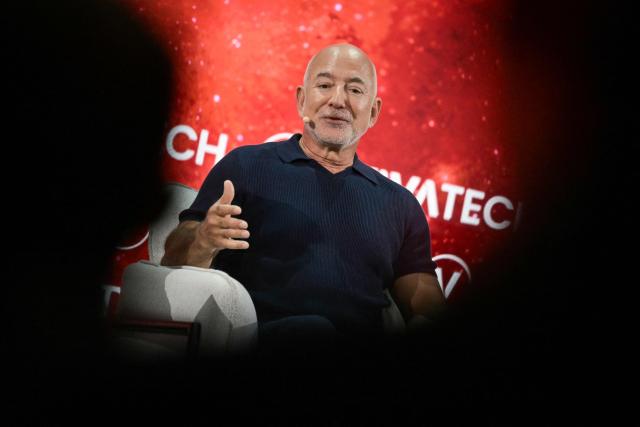US Amazon's founder Jeff Bezos speaks on stage at the VivaTech technology startups and innovation fair at the Paris Expo Porte de Versailles, in Paris on June 17, 2026. (Photo by JULIEN DE ROSA / AFP)