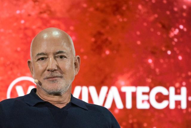 US Amazon's founder Jeff Bezos speaks on stage at the VivaTech technology startups and innovation fair at the Paris Expo Porte de Versailles, in Paris on June 17, 2026. (Photo by JULIEN DE ROSA / AFP)