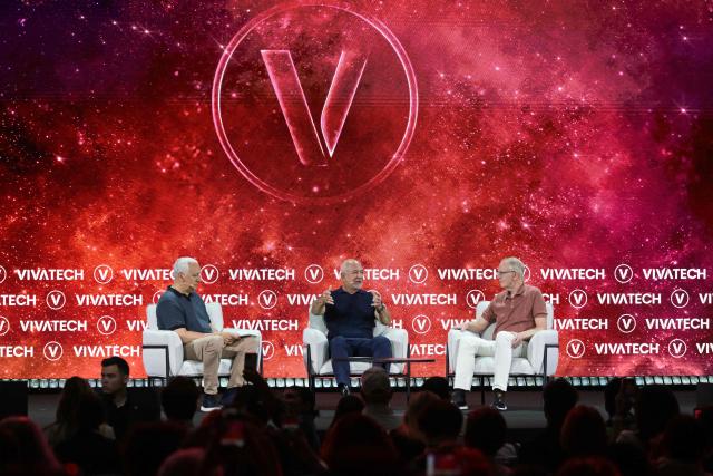 (From L) Astronaut Mike Massimino, US Amazon's founder Jeff Bezos and CEO of Blue Origin Dave Limp speak on stage at the VivaTech technology startups and innovation fair at the Paris Expo Porte de Versailles, in Paris on June 17, 2026. (Photo by JULIEN DE ROSA / AFP)