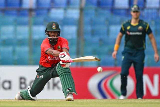 Bangladesh's Mahedi Hasan plays a shot during the first Twenty20 (T20) international cricket match between Bangladesh and Australia at the Bir Sreshtho Flight Lieutenant Matiur Rahman Stadium in Chattogram on June 17, 2026. (Photo by AFP)