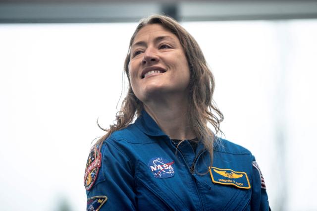(FILES) Artemis II mission specialist Christina Koch looks on as she arrives in the rotunda during a visit to the Canadian Space Agency (CSA) headquarters in Longueuil, Quebec, Canada, on May 14, 2026. US astronaut Christina Koch was awarded the Princess of Asturias Award for Concord in Spain on June 17, 2026. (Photo by ANDREJ IVANOV / AFP)