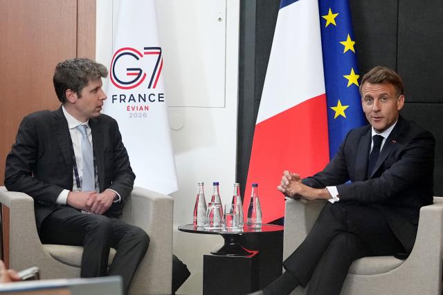 France's President Emmanuel Macron (R) meets with Open AI CEO Sam Altman on the sidelines of the G7 summit, in Evian, eastern France, on June 17, 2026. A G7 summit is set to take place June 15 to 17 in the French town of Evian-les-Bains near Switzerland and it will be attended by country leaders as well as the EU's foreign policy chief and ministers from Brazil, Canada, the United Arab Emirates and Turkey. (Photo by Thibault Camus / POOL / AFP)
