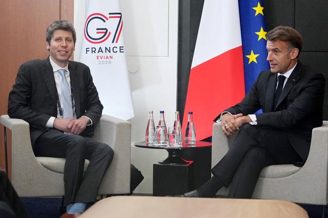 France's President Emmanuel Macron (R) meets with Open AI CEO Sam Altman on the sidelines of the G7 summit, in Evian, eastern France, on June 17, 2026. A G7 summit is set to take place June 15 to 17 in the French town of Evian-les-Bains near Switzerland and it will be attended by country leaders as well as the EU's foreign policy chief and ministers from Brazil, Canada, the United Arab Emirates and Turkey. (Photo by Thibault Camus / POOL / AFP)