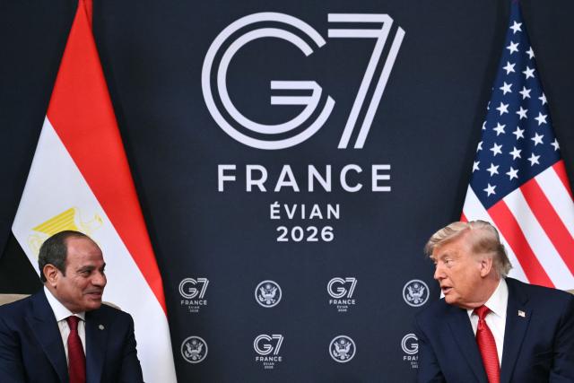 Egypt's President Abdel Fattah El-Sisi (L) and US President Donald Trump attend a bilateral meeting on the sidelines of the G7 summit, in Evian, eastern France, on June 17, 2026. A G7 summit is set to take place June 15 to 17 in the French town of Evian-les-Bains near Switzerland and it will be attended by country leaders as well as the EU's foreign policy chief and ministers from Brazil, Canada, the United Arab Emirates and Turkey. (Photo by Mandel NGAN / AFP)